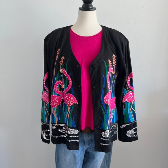 HJM Resort, Vintage 1980's, Black Cardigan with Flamingo embellishment, Size L - Picture 3 of 5